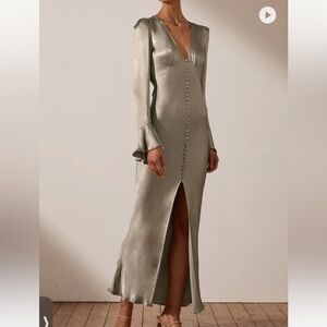 Shona Joy Sage Satin Long-Sleeve Button-Front Maxi Dress